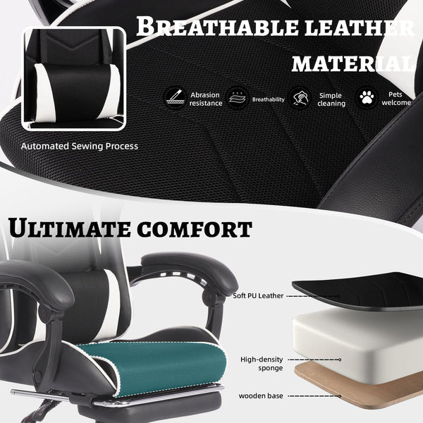 English Elm Deepfurniture Racing Style Gaming Chair Pu Leather Massage Lumbar Footrest Home Office Black White W3860P428632