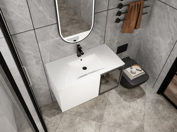 English Elm 36" Freestanding Bathroom Vanity Plywood Base Resin Sink Soft Close Storage W999S00525