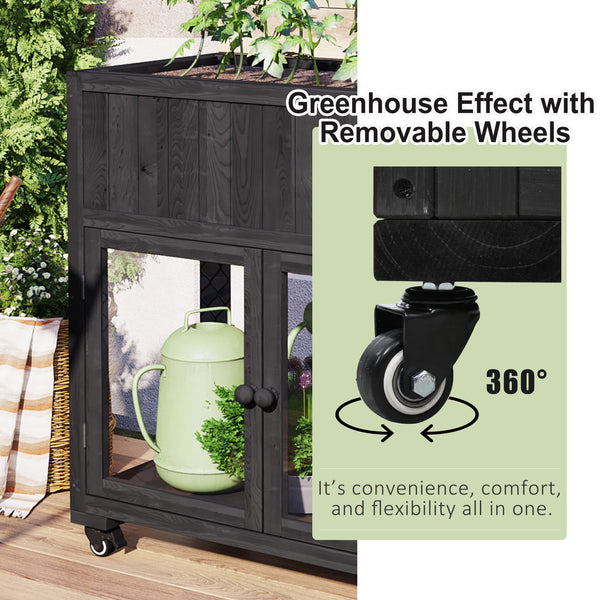 English Elm TOPMAX Mini Cold Frame Greenhouse with Fir Wood, Polycarbonate Doors, Raised Bed & Removable Wheels Black N717P229026B