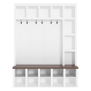 English Elm Farmhouse Hall Tree with Triple Arch Back Panel Eight Hooks Drawers and Entryway Bench N721S000044K-1