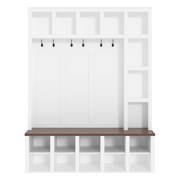 English Elm Farmhouse Hall Tree with Triple Arch Back Panel Eight Hooks Drawers and Entryway Bench N721S000044K-1