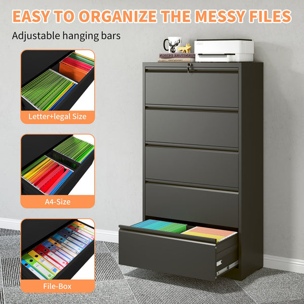 English Elm 5 Drawer Metal Lateral File Cabinet with Secure Locking System, Smooth Powder Coat, Quiet Ball-Bearing Slides for Heavy-Duty Legal and A4 Document Organization Black T2398P182180