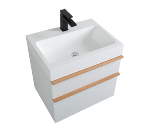 English Elm VELA 24 Inch Wall Mounted Bathroom Vanity with Integrated Acrylic Sink, Dual Wood Handles, Soft-Close drawers and Organizer White W3235P327448