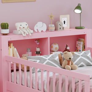 English Elm Twin Size Bed With Pink Finish, Headboard Storage, Under-Bed Drawers & Guardrails For Kids' Safety N733P272374H-GIGA