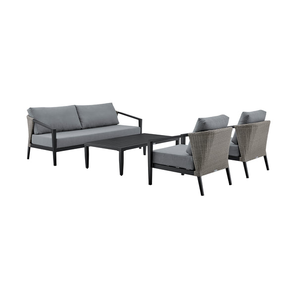 English Elm Faraday 4-Piece Outdoor Patio Lounge Set with Aluminum Frame, Gray Wicker & Removable Cushions - Durable, Easy-Clean, Umbrella-Ready B2736S00017