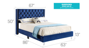 English Elm Stylish Velvet Upholstered Queen Bed with Padded Headboard, Durable Transitional Design, Plush Comfort Navy Blue 8 L x 65 W x 28 H B078118307