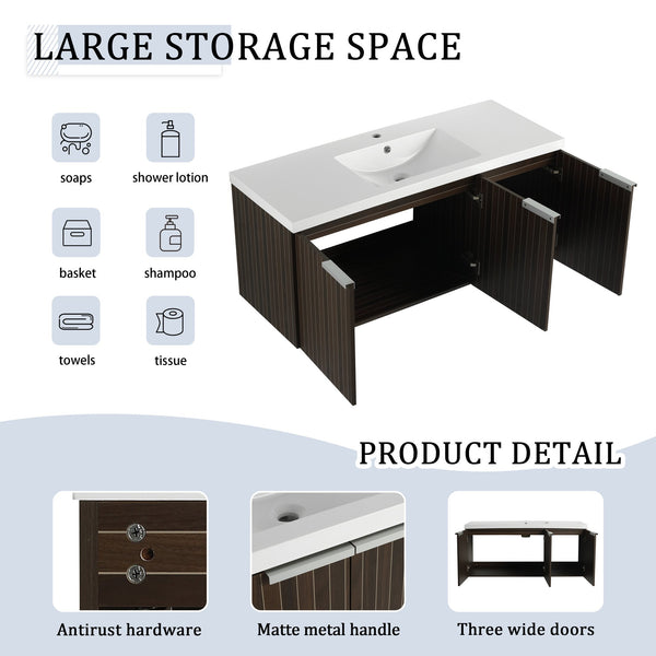English Elm 48 Inch Silver-Brown Stripe Vanity with Resin Sink, Wall-Mounted 3-Door Storage, Soft-Close Hinges W999P206328