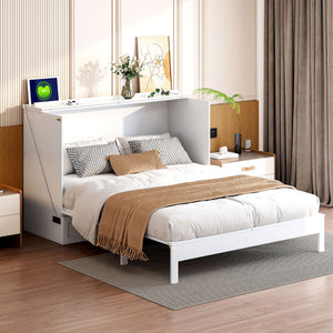 English Elm Full Size Murphy Bed Rattan Cabinet with Storage Drawers and Gold Hardware White N708S00009K