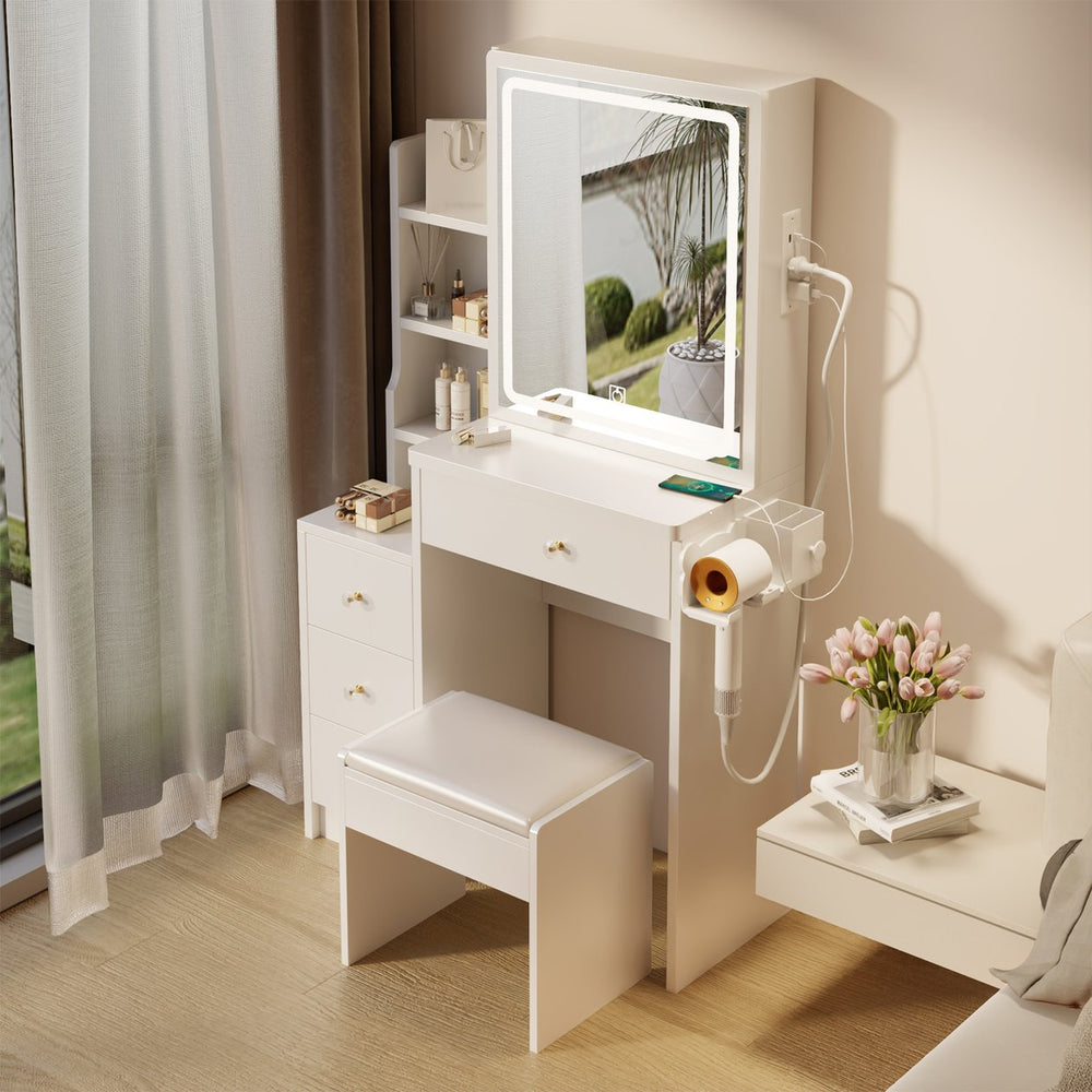 English Elm 29.2" Compact Bedside Vanity Set With Sliding Led Mirror, Power Ports, Cushioned Stool & Hairdryer Holder W936P172481