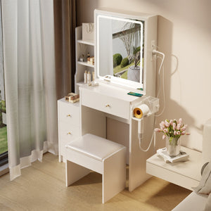 English Elm 29.2" Compact Bedside Vanity Set With Sliding Led Mirror, Power Ports, Cushioned Stool & Hairdryer Holder W936P172481