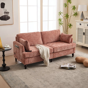 English Elm Modern chenille 2-seater sofa with LED lighting, USB charging, storage pocket, sturdy wood legs Pink W395P318541