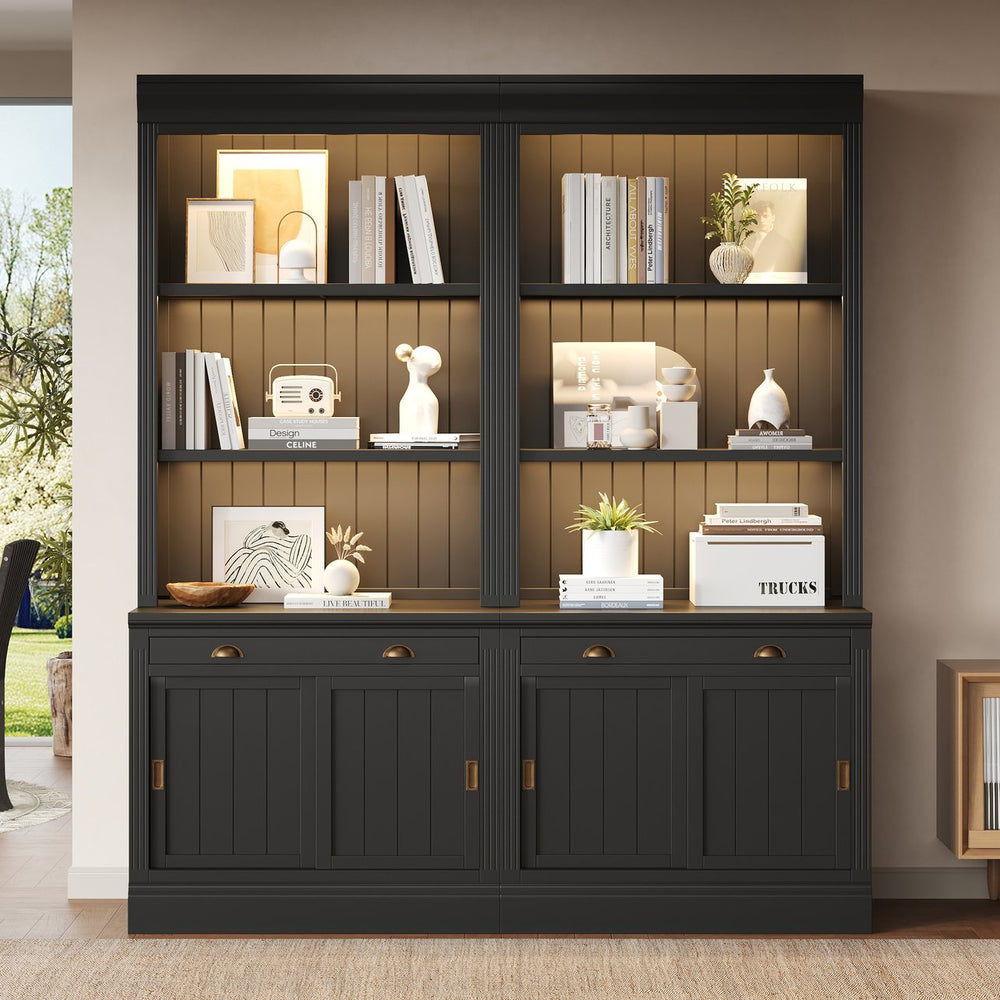 English Elm 83.4"tall Two-piece Bookcase Suite with Led Shelves Tempered Glass Doors Matte Black N751S059621B