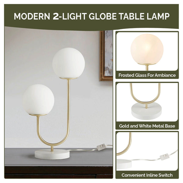 JLA Home 510 Design - Metal Sculptural 2-Light Globe Table Lamp with Frosted Glass, Gold Base, Bulbs Included, 60" Cord 5DS153-0046
