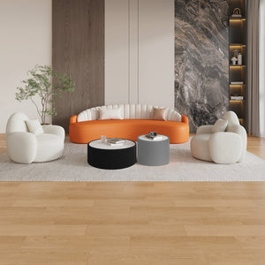 English Elm Light Marble Top Cylinder Coffee Table - Modern Leather-Wrapped Design For Elegant Living Spaces W3081P367605