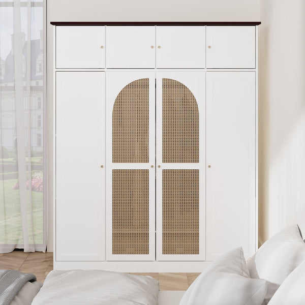 English Elm 70.87"tall Rattan Door Armoire Freestanding Wardrobe with Adjustable Shelves Hanging Rod White W757S00055