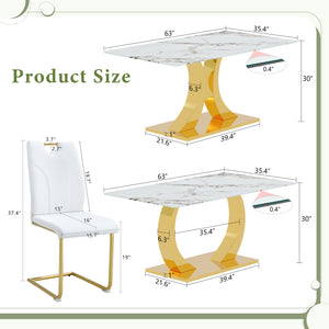 English Elm Marble-Veined Glass Dining Set: 63-Inch Transformable Table & 4 Ergonomic U-Shaped Armchairs, Modern Elegance W2920S00085