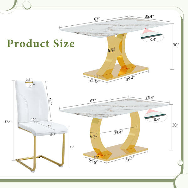 English Elm Marble-Veined Glass Dining Set: 63-Inch Transformable Table & 4 Ergonomic U-Shaped Armchairs, Modern Elegance W2920S00085