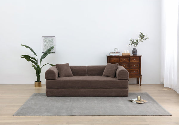English Elm Convertible 3-Seat Sleeper Sofa Bed Corduroy Folding Floor Couch with Cylindrical Pillow, Plush Support Brown W3199P309395