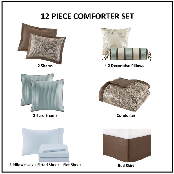 English Elm 12 Piece Comforter Set - Luxurious Cotton Sheets & Reversible Jacquard Paisley Design, Cal King B035128825