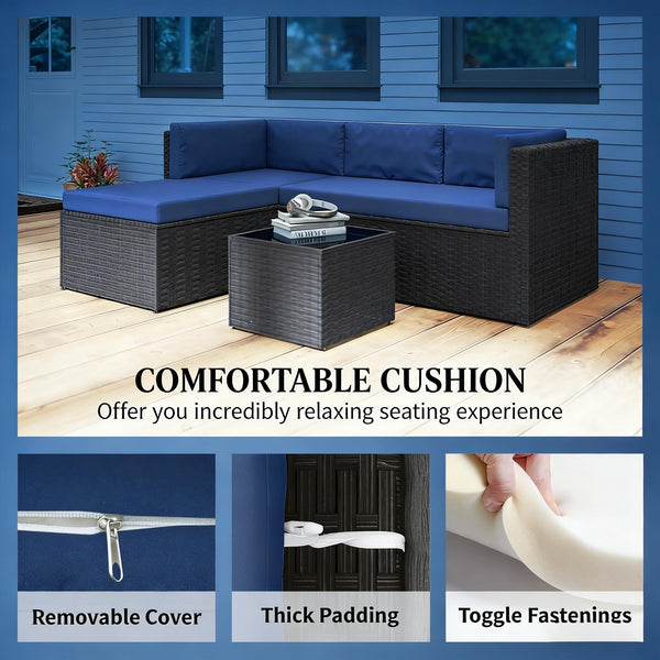 English Elm Comfortable Outdoor 3 Piece Pe Wicker Patio Set with Chaise Sofa and Glass Table Dark Brown,Navy Blue T3971S00210