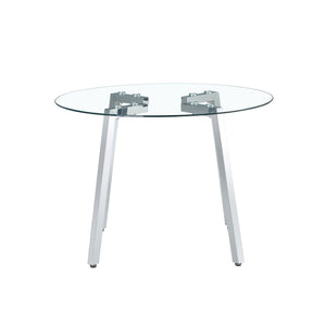 English Elm Modern circular tempered glass dining table with silver metal legs, minimalist clear top for airy spaces W1512P371582