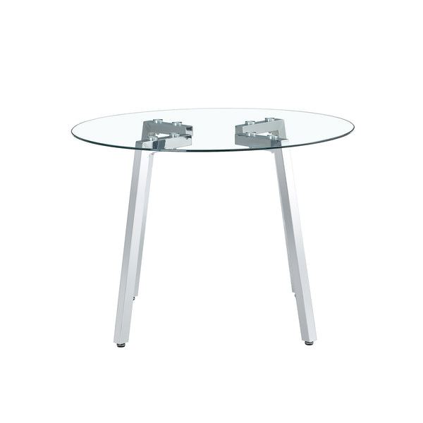 English Elm Modern circular tempered glass dining table with silver metal legs, minimalist clear top for airy spaces W1512P371582