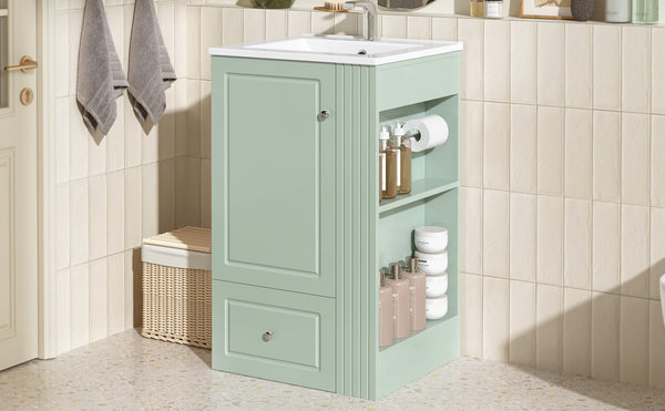 English Elm 20" Freestanding Bathroom Vanity Mdf Cabinet Ceramic Sink Open Shelves Powder Room Green N725P364210F