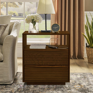 English Elm Mid Century Modern nightstand with USB charging, louver drawers, open shelf and hidden cord storage Walnut Brown W1801P303385