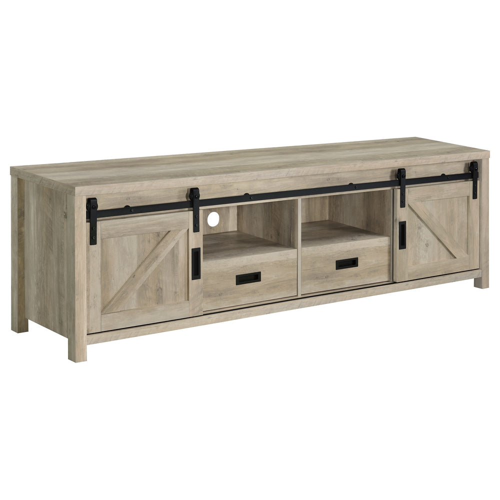English Elm Madra Distressed Pine TV Stand with Sliding Doors and Drawers, 78.75" Wide Rustic Storage Console for Living Room B062P344953