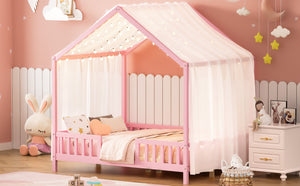 English Elm Montessori House Bed Frame Twin with Canopy & Full Guardrails, Cozy Kids Platform Bed for Toddlers Pink 77.8 L x 17.25 W x 7 H N733P356048H