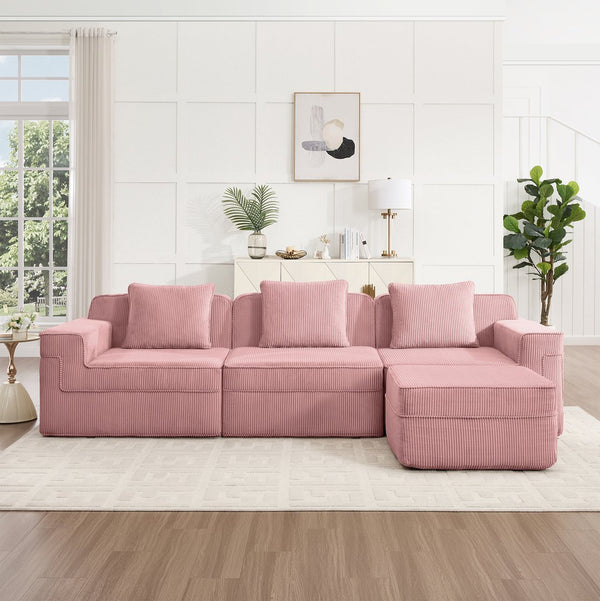 English Elm Modular 3-Seat L-Shape Sectional Sofa In Plush Corduroy - Versatile, No-Assembly Couch With Ottoman! W3041S00339