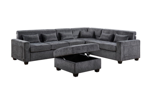 English Elm Trevi Chenille Sectional Sofa with Tufted Seats Charging Ports and Storage Ottoman B2749S00251