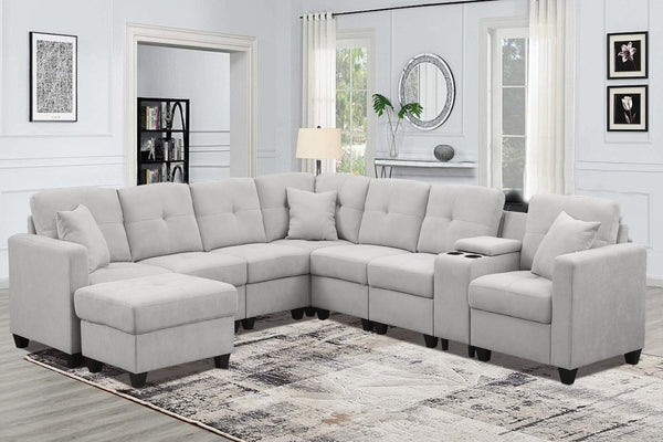 English Elm Sectional Sofa - Luxurious Light Gray Microfiber With Supportive Cushions & Integrated Cup Holders B205S00080-GIGA