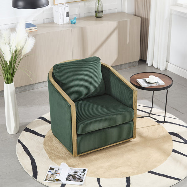 English Elm Corduroy Swivel Barrel Chair with Sturdy Wood Frame & Metal 360° Base, Plush Corduroy Comfort Pop Emerald W395P220271