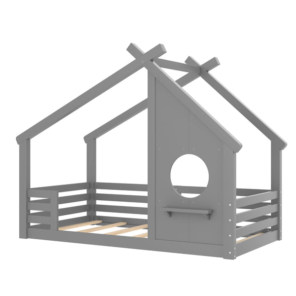 English Elm Twin House Floor Bed with Window & Shelf, Solid Wood Pitched Roof Design for Safe Cozy Sleep Grey W1580P362683