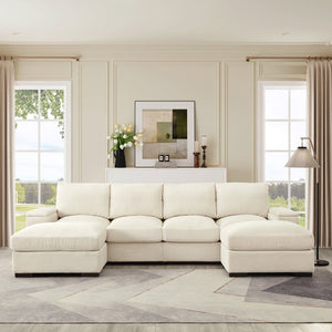 English Elm 122"l Corduroy Sectional with Dual Ottomans Modular U-shape Sofa for Modern Living Beige W1669S00020