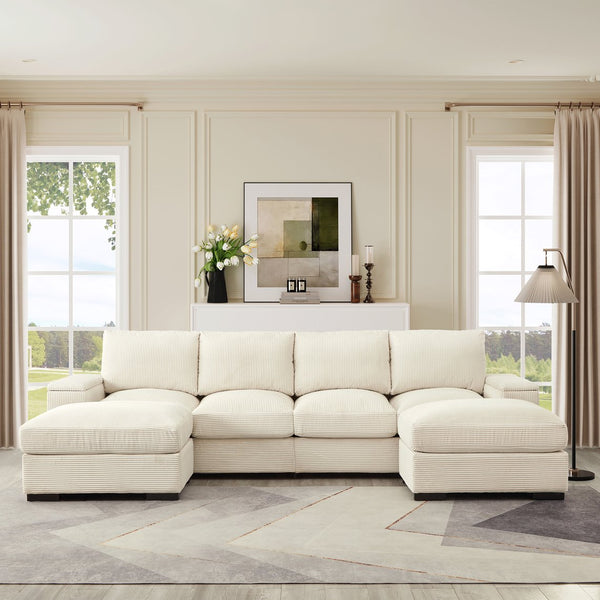 English Elm 122"l Corduroy Sectional with Dual Ottomans Modular U-shape Sofa for Modern Living Beige W1669S00020