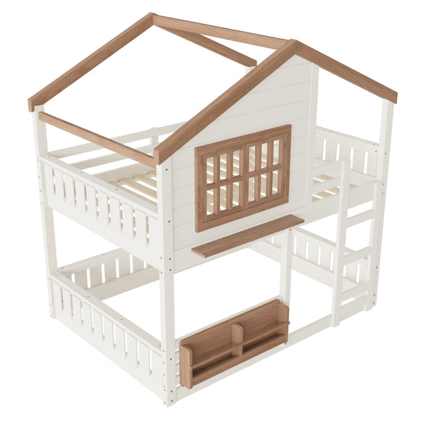 English Elm Full Bunk Bed with Trundle Bookshelf Storage Pine Frame Car Design for Kids Beige W1580S00523