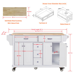 English Elm Kitchen Island durable rubberwood countertop kitchen cart on casters with towel rack, spice shelf, 5 drawers and adjustable shelving for organized meal prep and mobility White W914S00002