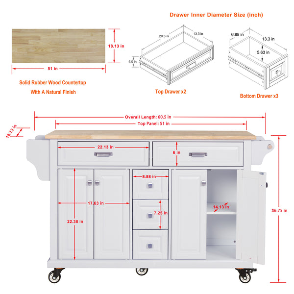 English Elm Kitchen Island durable rubberwood countertop kitchen cart on casters with towel rack, spice shelf, 5 drawers and adjustable shelving for organized meal prep and mobility White W914S00002