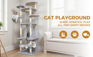 English Elm 71 Inch Floral Cat Tower with Condo Hammock Sisal Posts and Plush Perches for Large Breeds Light Gray W243P326647