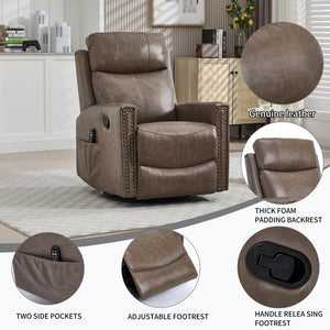 English Elm Camel Genuine Leather Massage Rocker Swivel Recliner with Heat and Lumbar Relief W1803P323716