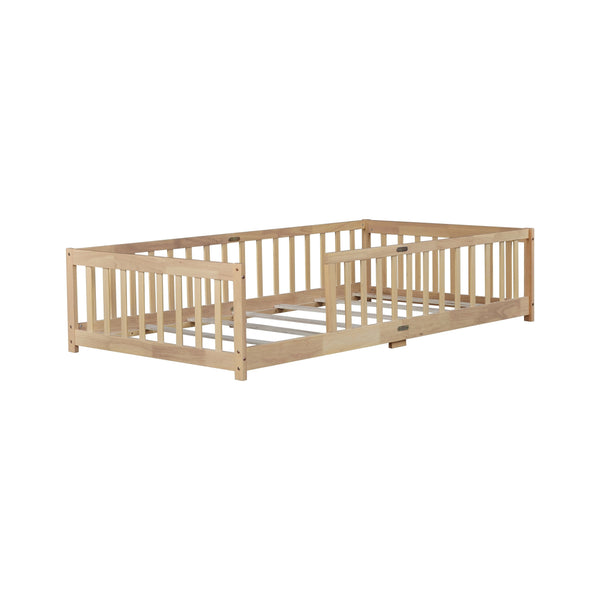 English Elm Twin Low Profile Rubberwood Floor Bed with Full Safety Fence for Toddler Rooms Natural W504P429336