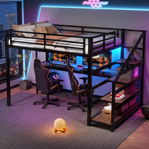 English Elm Full Loft Bed With Integrated Desk, Storage Stairs, Led Lights & Usb Ports For Modern Spaces W1580S00478
