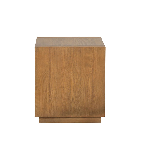 English Elm Square Contemporary End Table with Plinth Base and Open Shelf, Medium Oak Finish, 20" W x 22.1" H B2741P395381
