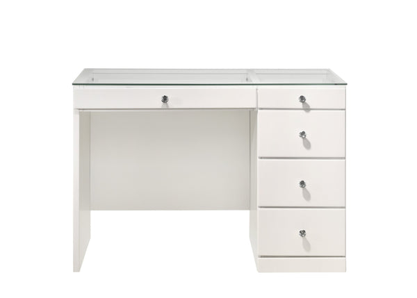 English Elm 1pc Glam Makeup Vanity Table with Glass Top and 9 Drawers Knobs – Sleek Wooden Bedroom Furniture White 46.97 L x 25.87 W x 2 H B2741S00136