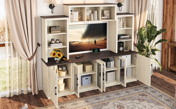 English Elm Wall Unit Entertainment Center with Built in Charging Mdf Media Console Open Shelving Beige W1580S00436