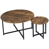 English Elm Homcom Round Coffee Table Set Of 2, Industrial Living Room Tables With Metal Frame, Circle Coffee Tables For Living Room, Rustic Brown