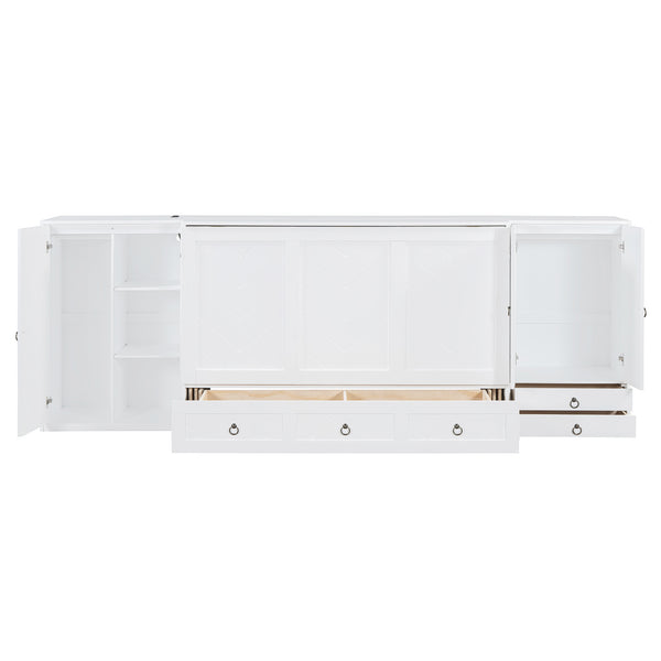 English Elm Queen Murphy Bed with Wardrobe Cabinets Built-in Usb Charging and Concealed Drawers White LP000590AAK