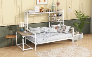 English Elm Twin Metal Daybed With Movable Desk, Shelves & Clothes Hanger - Ideal For Small Spaces & Dorms! N737P199195K-GIGA